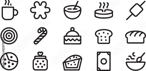 Collection of food and beverage icons representing various culinary items and treats