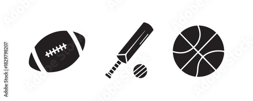 Collection of Sports Equipment Silhouettes for Football Cricket and Basketball Vector Art