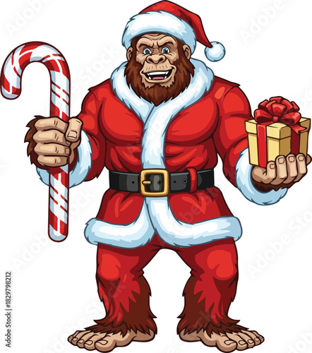 Bigfoot Santa Claus holding candy cane and gift for Christmas celebration