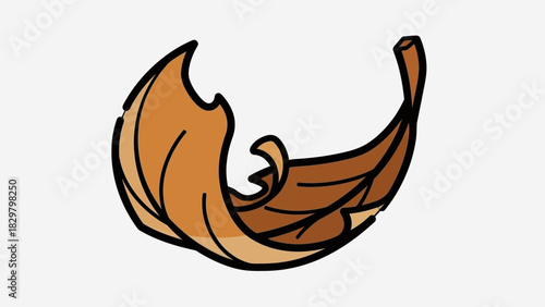 A single brown, dried, and curled autumn leaf with a black outline.