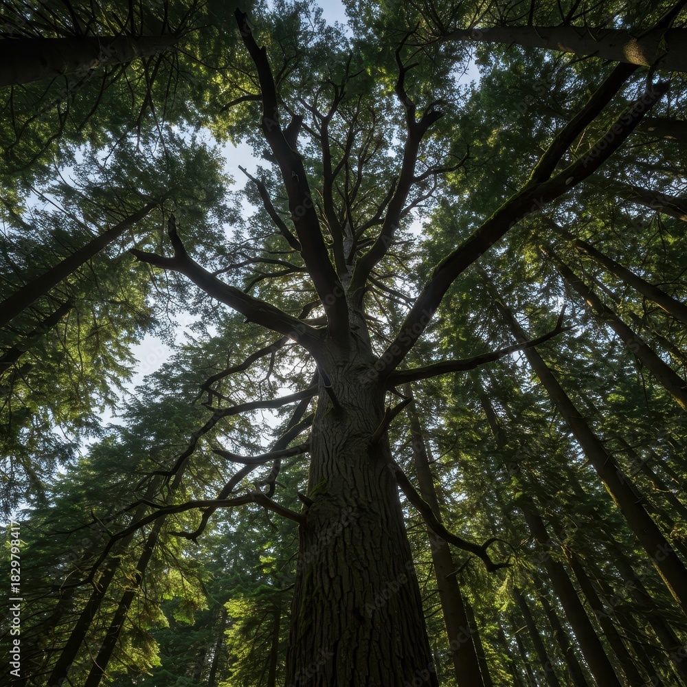 Fototapeta premium Majestic giant tree branch canopy high above the dense, temperate mountain forest floor. Sunlight filters through ancient green needles ,green ,shade ,evergreen