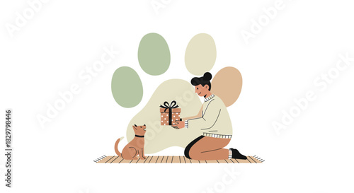 Delightful dog days illustration of a woman giving a gift to her pet with paw background