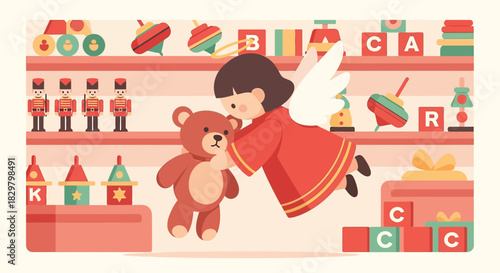 Delightful vintage toy store scene featuring an angel girl hugging a teddy bear