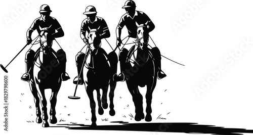 Three dynamic polo players on galloping horses are shown in black silhouette on a bright white field
