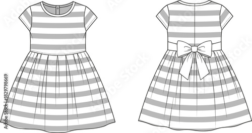 Striped short sleeve girls dress mockup front and back view with bow detail and flat fashion technical template design