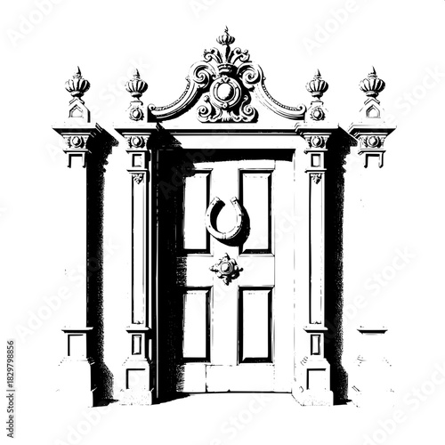 Vintage engraving-style drawing of a weathered wooden door centered in the frame, featuring finials, a horseshoe motif, and elaborate carvings. Strong line work and heavy shading emphasize the antique