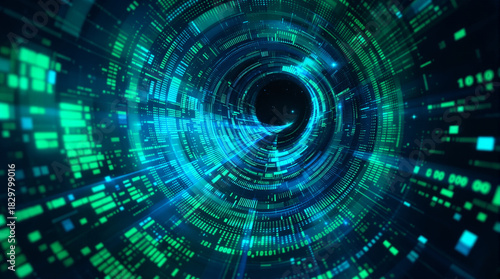 Digital Tunnel of Innovation: A captivating digital tunnel pulsates with radiant streams of data, signifying the forward momentum of progress. This visual speaks to innovation, connectivity.