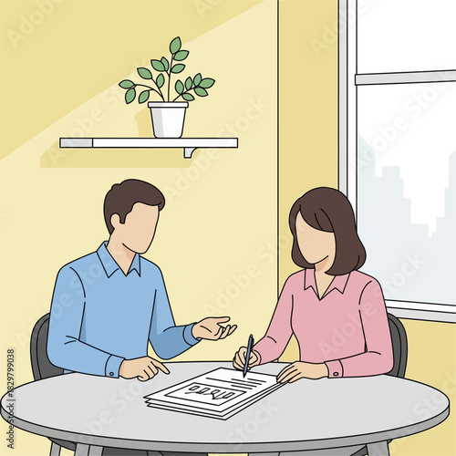 Two individuals reviewing documents at a table during a meeting.