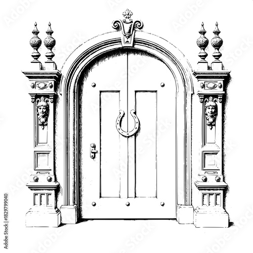Vintage engraving-style drawing of a weathered wooden door centered in the frame, featuring finials, a horseshoe motif, and elaborate carvings. Strong line work and heavy shading emphasize the antique