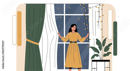 Evening serenity a woman gazes through her window with twinkling lights illuminating the night sky