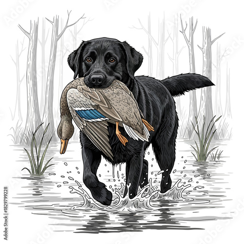 Black Labrador standing in flooded forest water with a retrieved mallard duck in its mouth