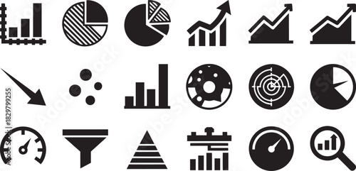 Black and White Business Data Graphics and Charts Collection for Presentations and Reports Showing Growth and Decline