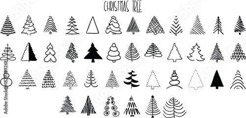 Collection of various decorative conifer trees drawn in doodle style. Includes varied stylized tree illustrations for design elements.