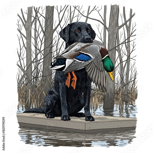 Black Labrador sitting on a duck blind platform holding a retrieved mallard duck in its mouth