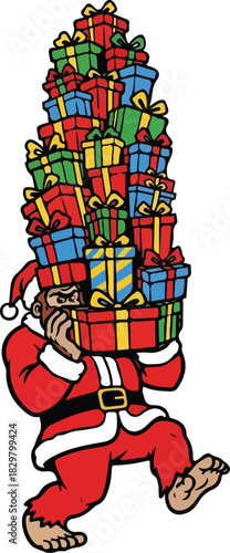 Santa Claus struggles to carry an enormous teetering stack of Christmas presents
