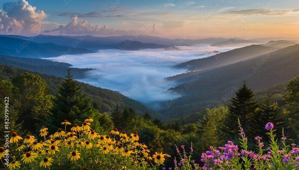 Fototapeta premium Ethereal Dawn: Enchanting Summer Sunrise in the Smoky Mountains