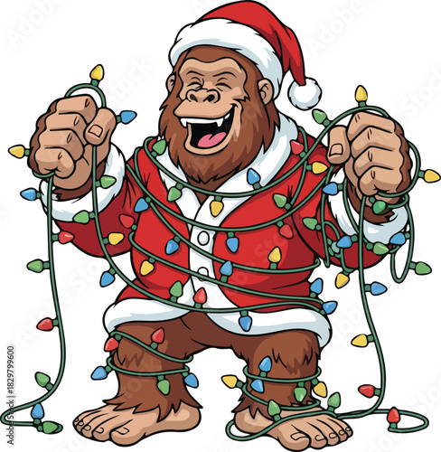 Bigfoot dressed as Santa Claus tangled in colorful Christmas lights