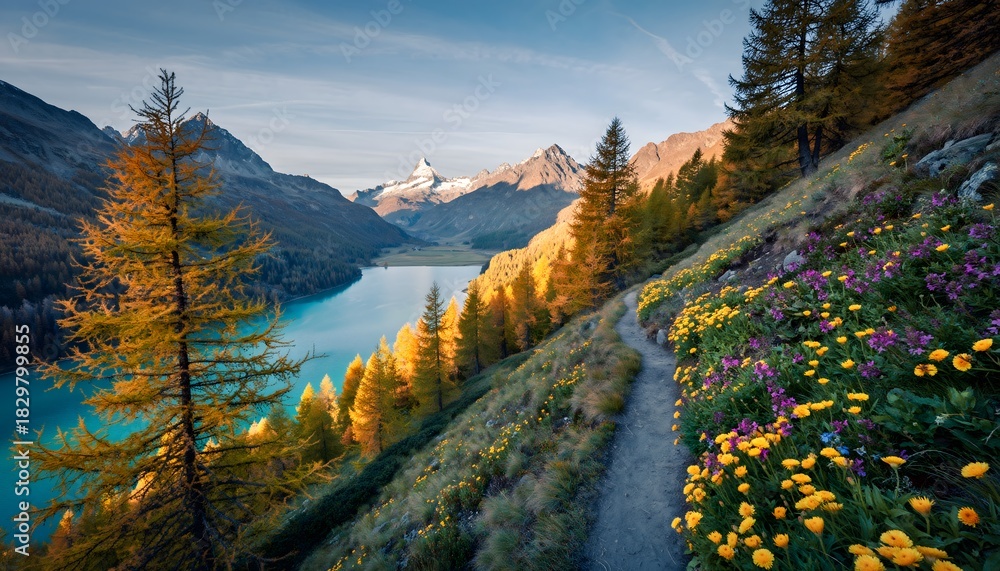 Obraz premium Pristine Summer Scene of Engadine Valley with Turquoise Lakes
