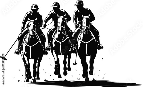 Three silhouettes of polo players on horses gallop across a field during a game