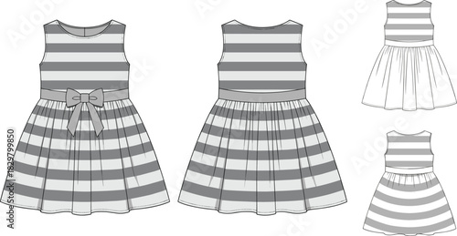 Striped sleeveless girls dress mockup with front and back views featuring bow detail and fashion flat sketch template