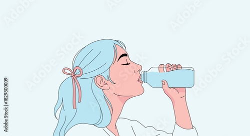 A young woman with blue hair is drinking from a bottle of water in a simple line art style for a hydration illustration.