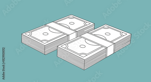 Two large stacks of cash bundled together are shown in a simple black and white line art style for financial concepts.