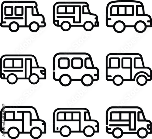 Collection of simple line art school bus icons