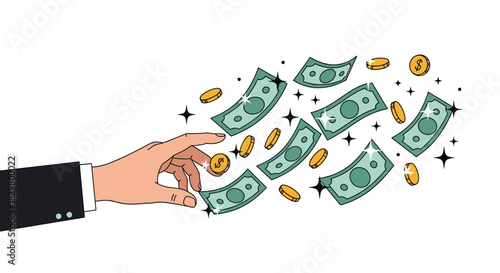 A business person's hand throws sparkling dollar bills and gold coins representing wealth success and financial prosperity.