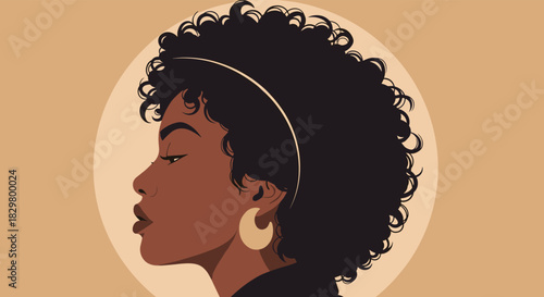 A beautiful portrait of an African American woman in profile with curly afro hair a headband and a large gold earring.