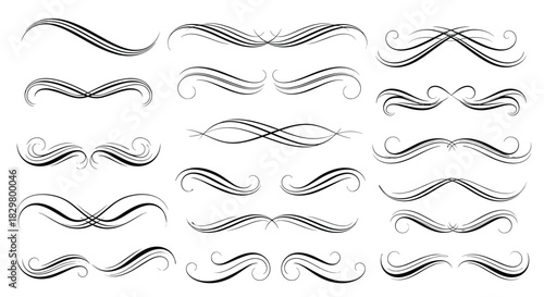 A large set of elegant black calligraphic swirls and dividers with a grunge texture is perfect for vintage document design.