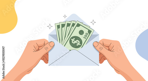 Illustration of two hands holding an open envelope filled with one hundred dollar bills representing a bonus payment or salary.