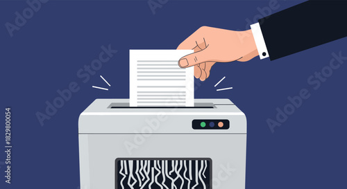 A businessman's hand inserts a confidential document into a paper shredder for data destruction and security on a blue background.