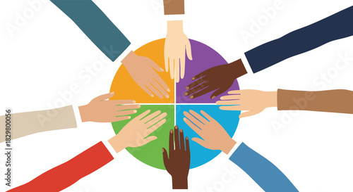 A diverse group of multicultural hands come together over a colorful circle symbolizing teamwork unity and collaboration in business.