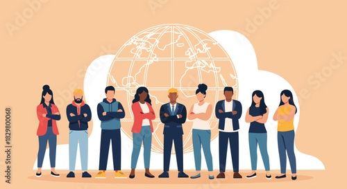 A diverse group of professional men and women stand together with crossed arms in front of a globe for global business teamwork.
