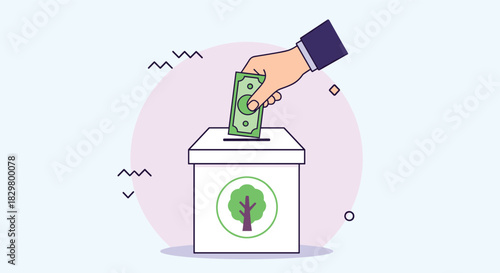 A hand donates money to a charity box with a green tree symbol to support environmental protection and nature conservation.