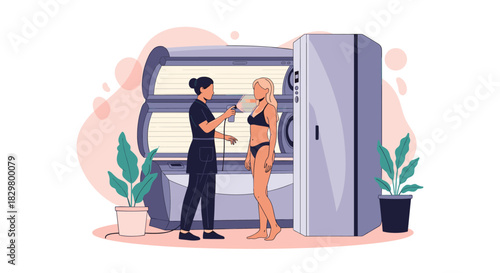 A female client in a bikini receives a professional spray tan from a cosmetologist in a beauty salon with tanning equipment.