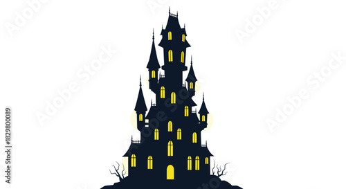 A spooky silhouette of a haunted castle with glowing yellow windows set against a white background for a scary Halloween design.