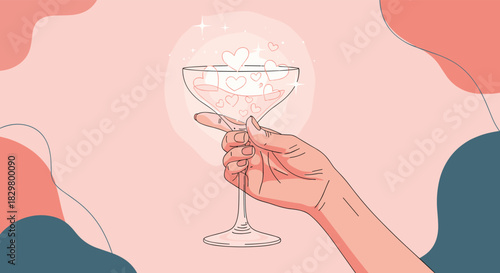 A hand holds a sparkling cocktail glass filled with a love potion and floating hearts for a romantic valentine's day toast.