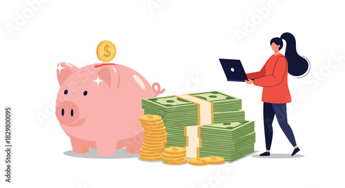 A woman using a laptop plans her finances next to a large piggy bank and stacks of cash for online banking and investment.