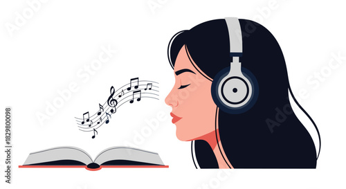 A woman listens to an audiobook with headphones as musical notes float out of the open book for a relaxing learning concept.