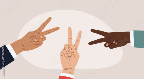 Three diverse multicultural hands are raised together showing the peace or victory sign for unity and successful collaboration.