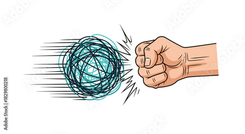 A powerful fist punches through a tangled scribble representing breaking through stress anxiety confusion and mental blocks.