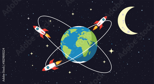 Several cartoon rockets orbit the planet Earth in space with the moon and stars in the background illustrating global travel.