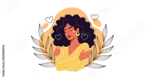 A beautiful woman with curly hair is hugging herself with love and care in a concept of self-acceptance and confidence.
