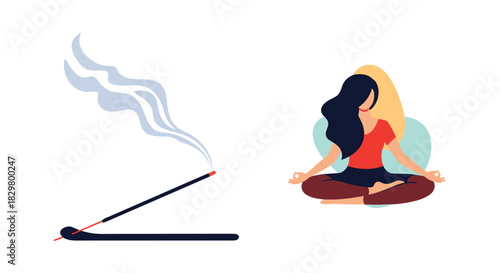 A stick of burning incense releases smoke next to a woman meditating in a lotus pose for relaxation and spiritual practice.