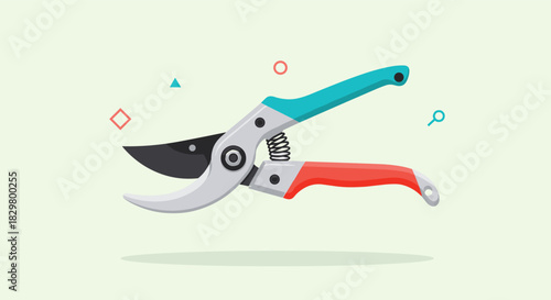 A pair of garden pruning shears with colorful handles is shown in a flat design style for gardening and landscaping tools.