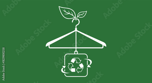 A sustainable fashion icon shows a clothing hanger with leaves growing from it and a recycling symbol on a green background.