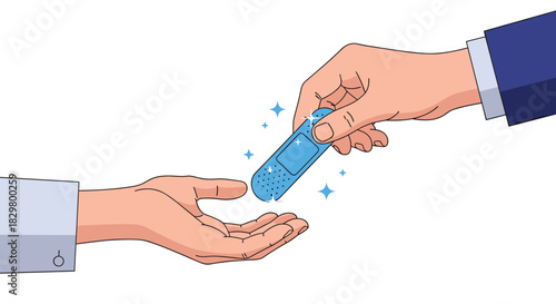 A hand gives a sparkling blue bandage to another hand representing help support care and providing first aid solutions.
