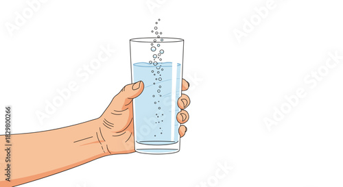 A hand holds a tall glass of sparkling water with bubbles rising to the top for hydration and healthy living concepts.