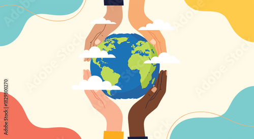 Diverse hands with different skin tones gently hold and protect the planet Earth together showing unity and environmental care.